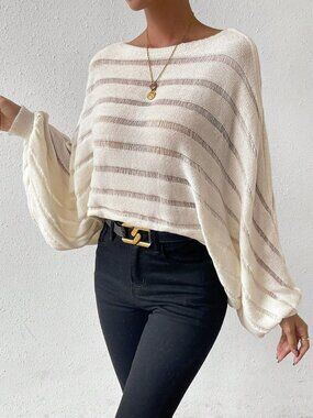 White Casual Women's Hollow-Out Bat Design Classic Knit Sweater